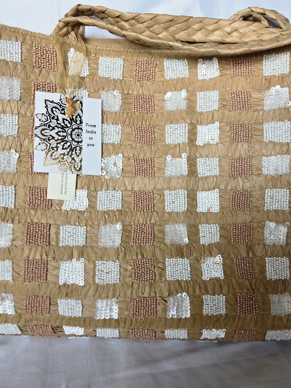 Handwoven Sequin Check Tote in White & Tan